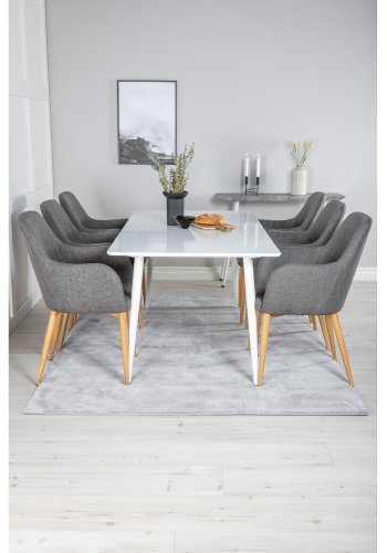 VENTURE DESIGN Polar spisebordsett, m. 6 stoler - hvit MDF/hvit metall, grtt stoff/valntt folie metall