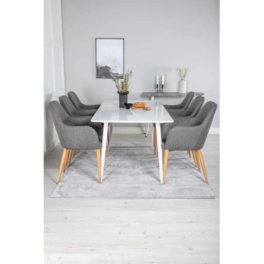 VENTURE DESIGN Polar spisebordsett, m. 6 stoler - hvit MDF/hvit metall, grtt stoff/valntt folie metall