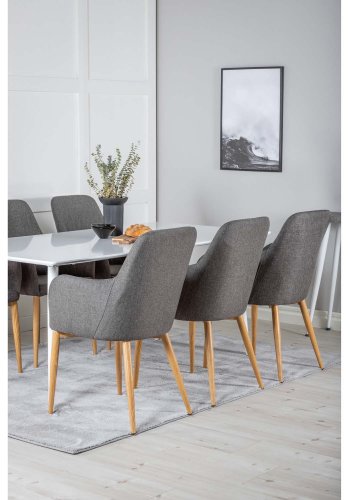 VENTURE DESIGN Polar spisebordsett, m. 6 stoler - hvit MDF/hvit metall, grtt stoff/valntt folie metall