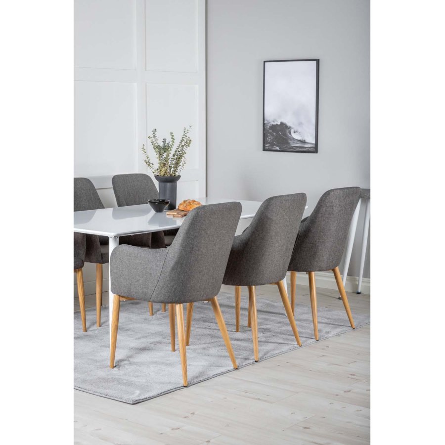 VENTURE DESIGN Polar spisebordsett, m. 6 stoler - hvit MDF/hvit metall, grtt stoff/valntt folie metall