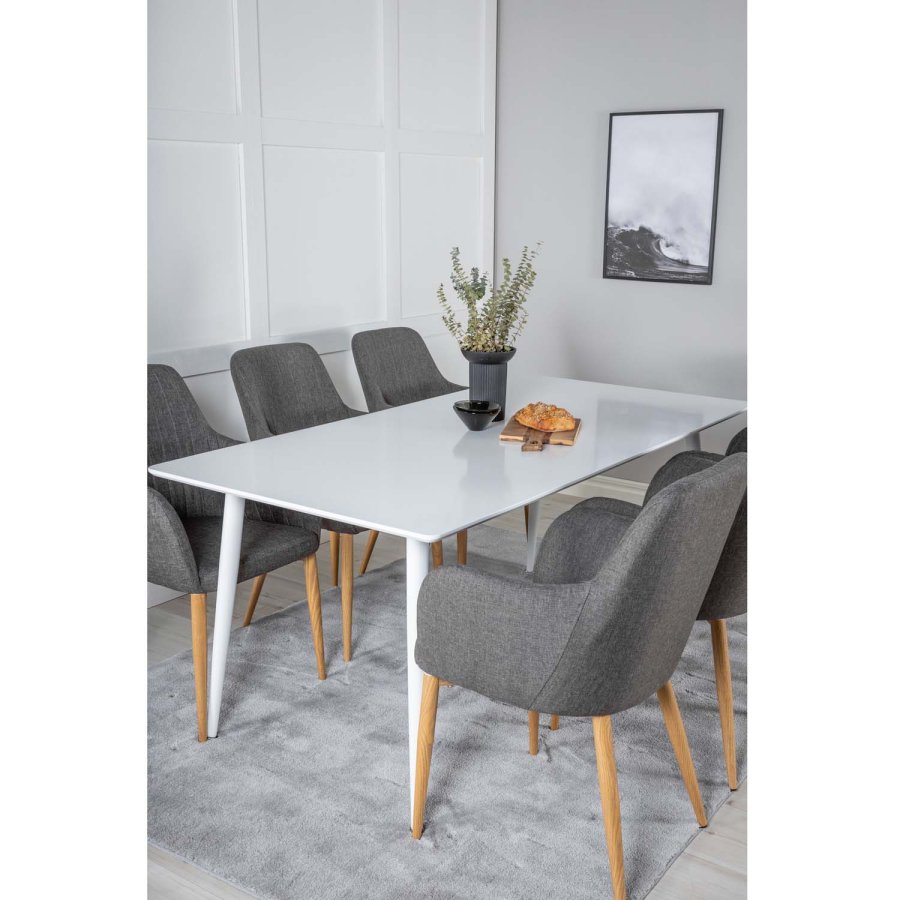 VENTURE DESIGN Polar spisebordsett, m. 6 stoler - hvit MDF/hvit metall, grtt stoff/valntt folie metall