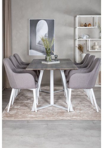 VENTURE DESIGN Marina Matbordsset, med 6 Stolar - Gr Fanér / Vit Metall och Grtt Tyg / Vit Metall