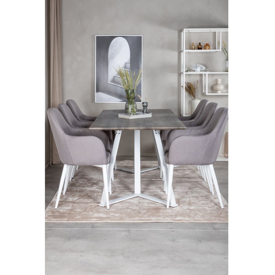 VENTURE DESIGN Marina Matbordsset, med 6 Stolar - Gr Fanér / Vit Metall och Grtt Tyg / Vit Metall