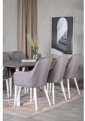 VENTURE DESIGN Marina Matbordsset, med 6 Stolar - Gr Fanér / Vit Metall och Grtt Tyg / Vit Metall