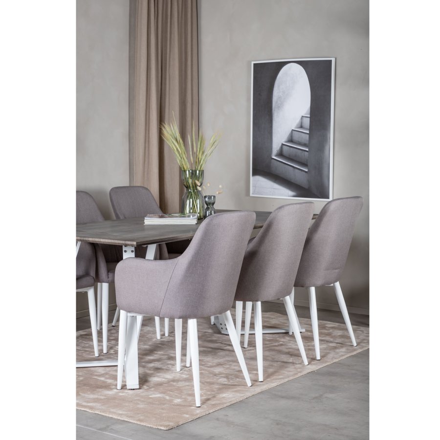 VENTURE DESIGN Marina Matbordsset, med 6 Stolar - Gr Fanér / Vit Metall och Grtt Tyg / Vit Metall