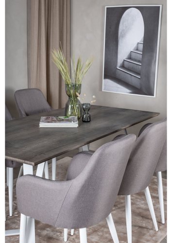 VENTURE DESIGN Marina Matbordsset, med 6 Stolar - Gr Fanér / Vit Metall och Grtt Tyg / Vit Metall