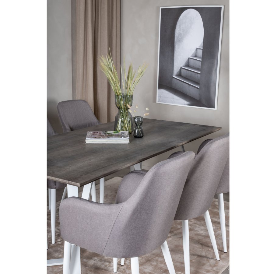 VENTURE DESIGN Marina Matbordsset, med 6 Stolar - Gr Fanér / Vit Metall och Grtt Tyg / Vit Metall