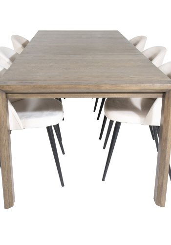 VENTURE DESIGN Slider spisebordsett, m. 6 stoler - rkt eikefiner/eik og beige flyel/svart metall