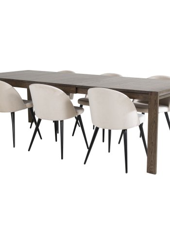 VENTURE DESIGN Slider spisebordsett, m. 6 stoler - rkt eikefiner/eik og beige flyel/svart metall