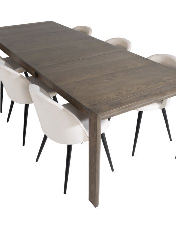 VENTURE DESIGN Slider spisebordsett, m. 6 stoler - rkt eikefiner/eik og beige flyel/svart metall