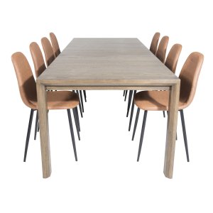 VENTURE DESIGN Slider Matbordsset, med 6 Stolar - Rökt Ekfanér / Ek och Brun PU / Svart Metall