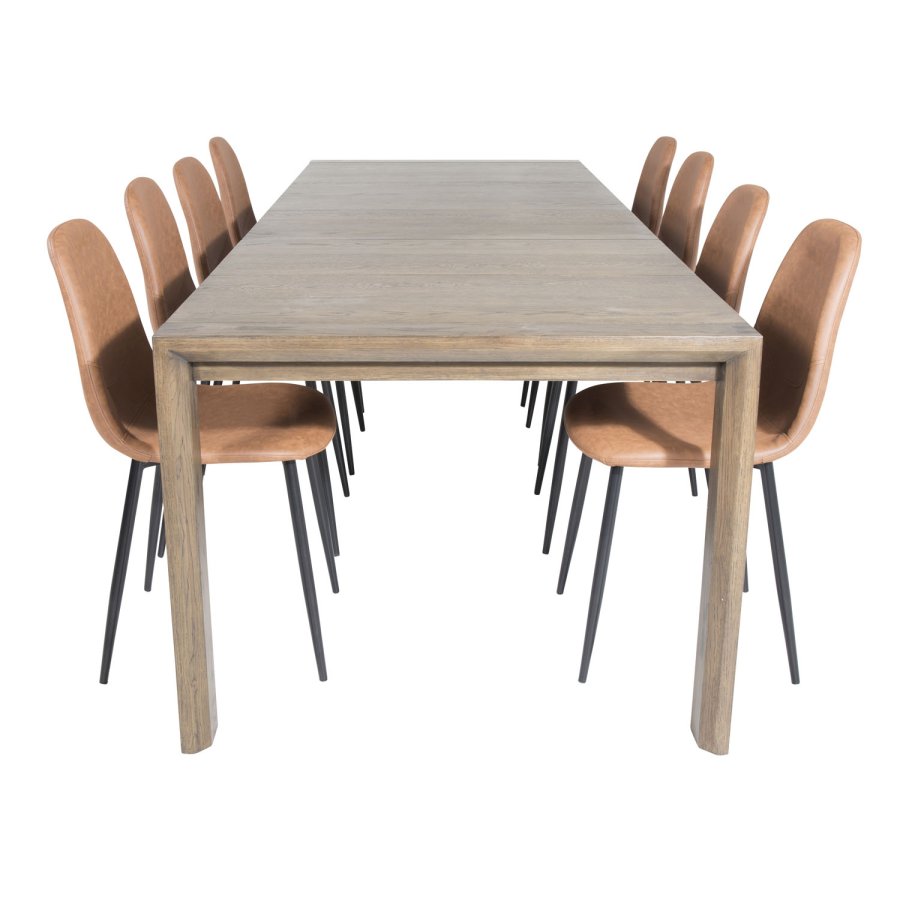 VENTURE DESIGN Slider spisebordsett, m. 6 stoler - rkt eikefiner/eik og brunt PU/sort metall