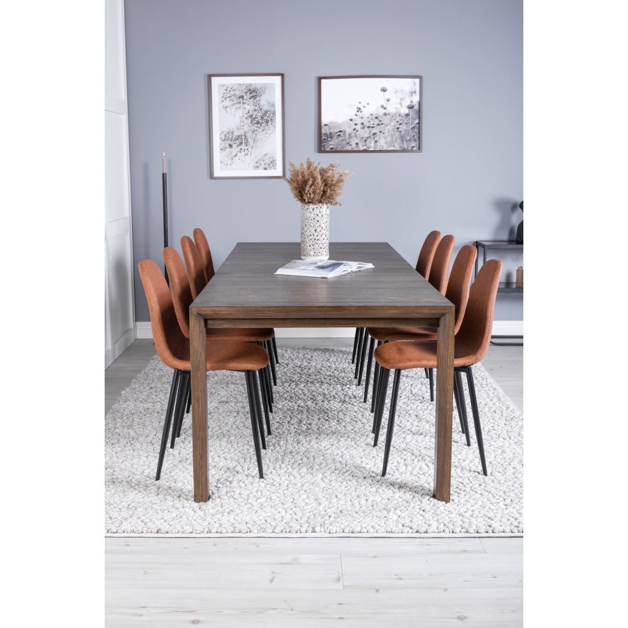 VENTURE DESIGN Slider spisebordsett, m. 6 stoler - rkt eikefiner/eik og brunt PU/sort metall