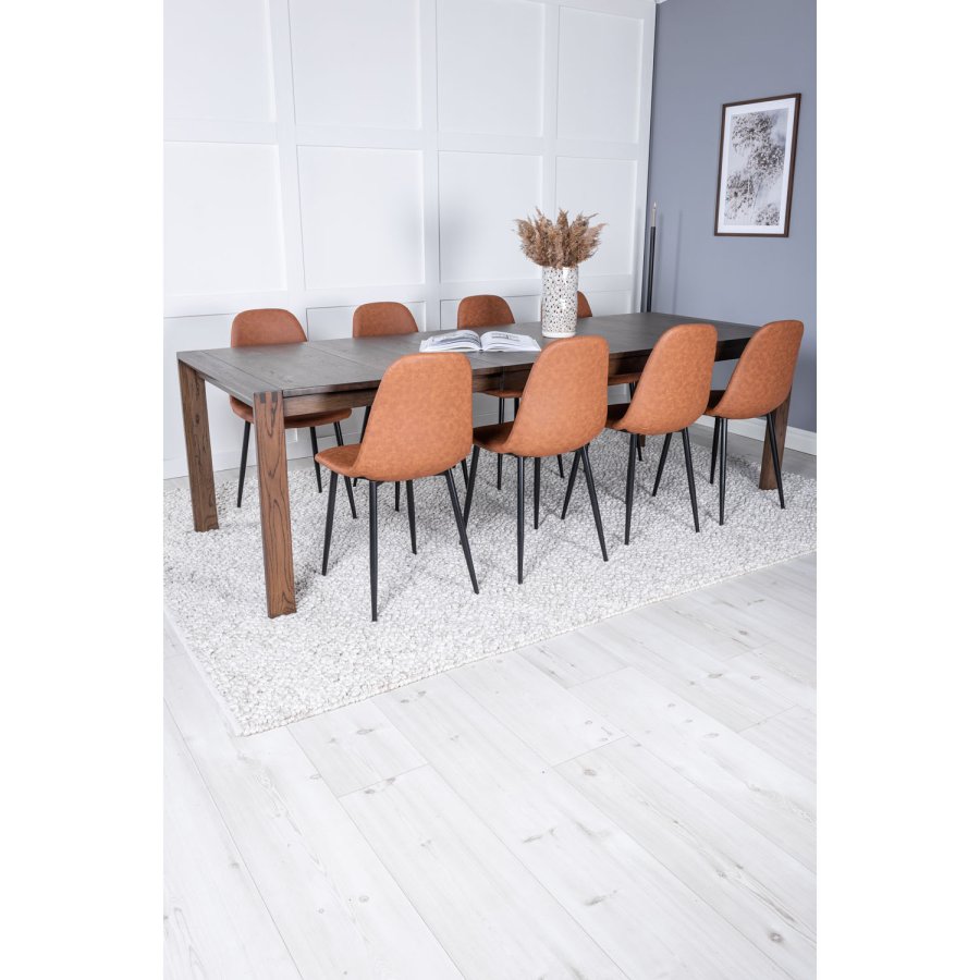 VENTURE DESIGN Slider spisebordsett, m. 6 stoler - rkt eikefiner/eik og brunt PU/sort metall
