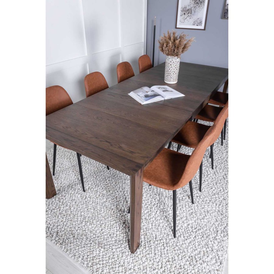 VENTURE DESIGN Slider spisebordsett, m. 6 stoler - rkt eikefiner/eik og brunt PU/sort metall