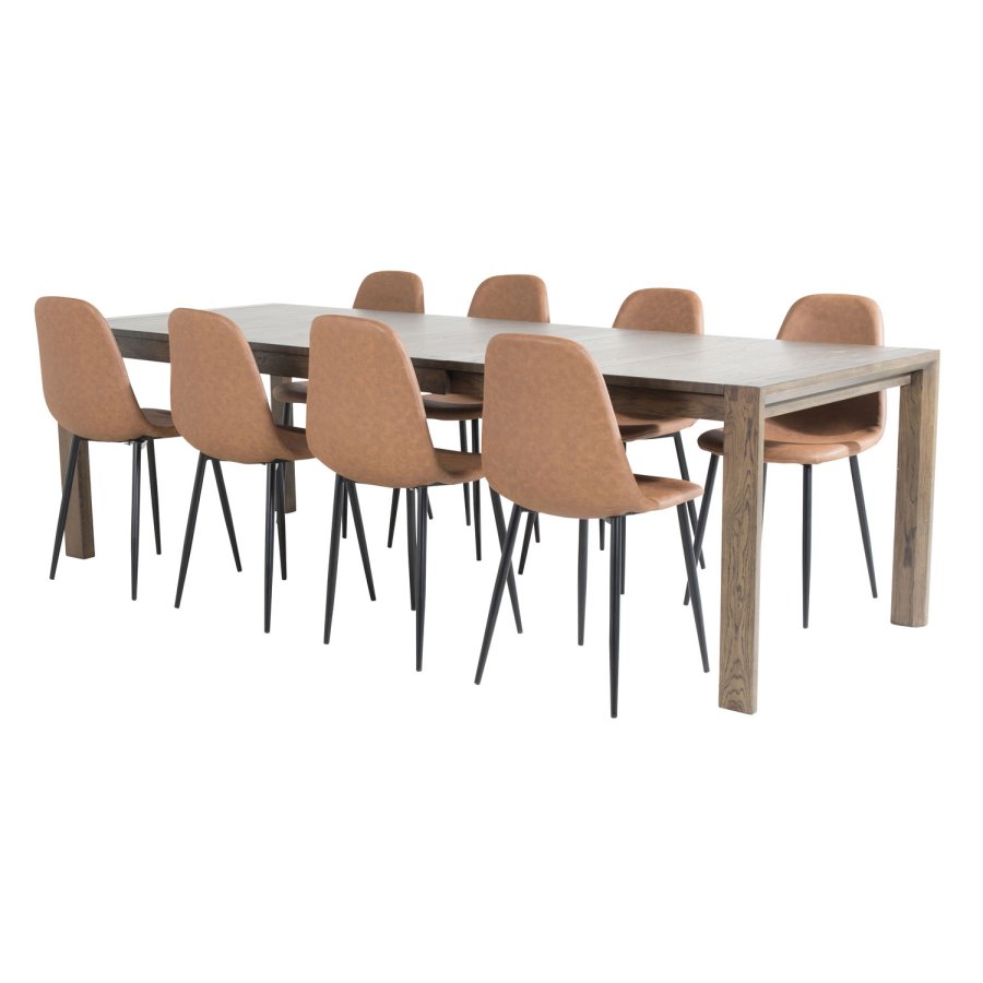 VENTURE DESIGN Slider spisebordsett, m. 6 stoler - rkt eikefiner/eik og brunt PU/sort metall