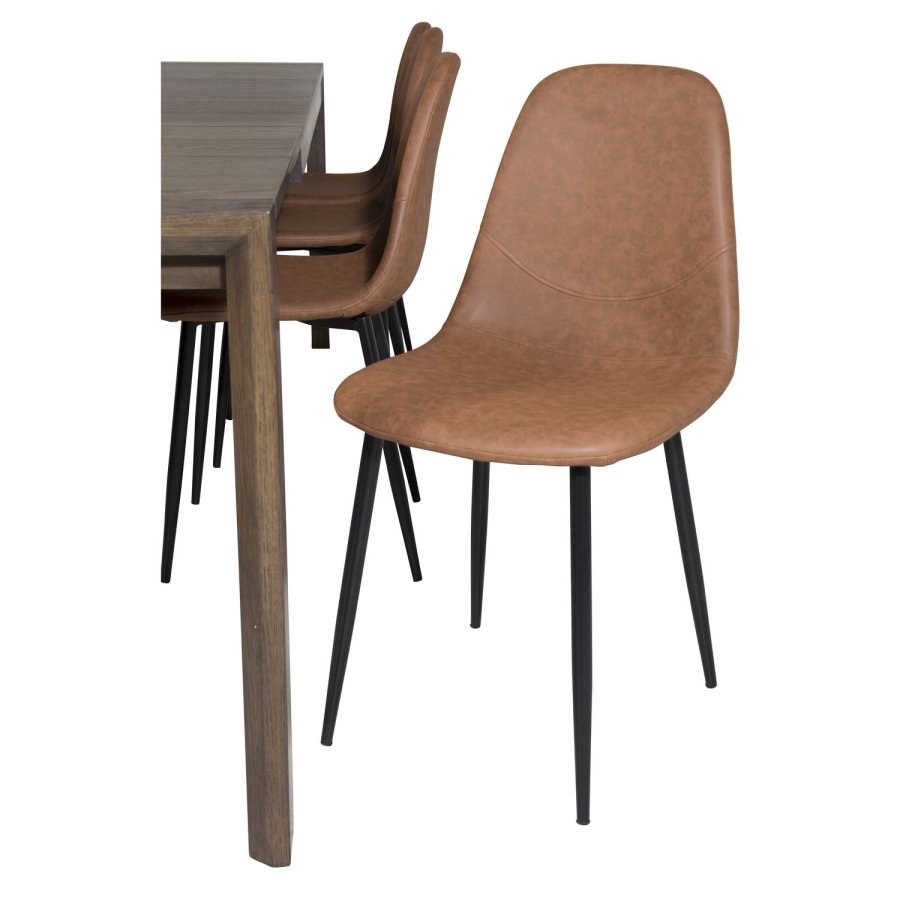 VENTURE DESIGN Slider spisebordsett, m. 6 stoler - rkt eikefiner/eik og brunt PU/sort metall