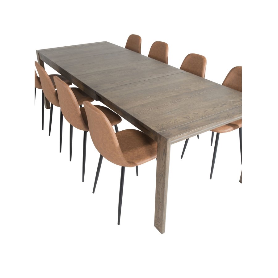 VENTURE DESIGN Slider spisebordsett, m. 6 stoler - rkt eikefiner/eik og brunt PU/sort metall