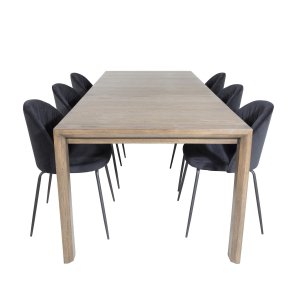 VENTURE DESIGN Slider Matbordsset, med 6 Stolar - Rökt Ekfanér / Ek och Svart Sammet / Svart Metall