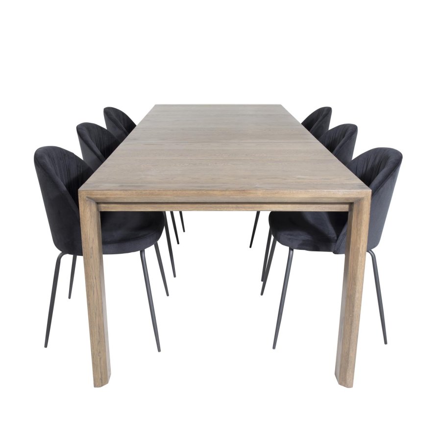 VENTURE DESIGN Slider spisebordsett, m. 6 stoler - rkt eikefiner/eik og sort flyel/svart metall