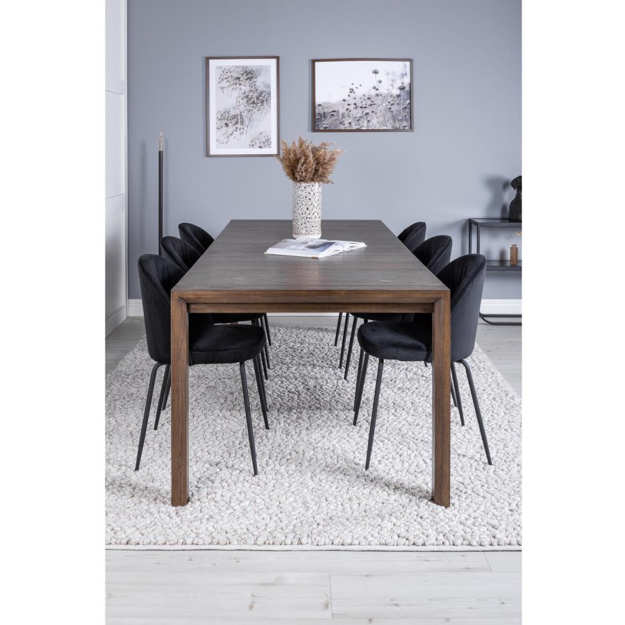 VENTURE DESIGN Slider spisebordsett, m. 6 stoler - rkt eikefiner/eik og sort flyel/svart metall