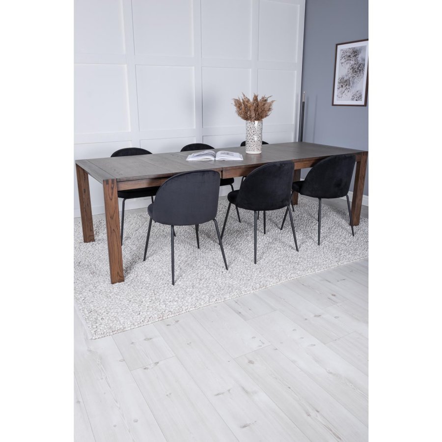 VENTURE DESIGN Slider spisebordsett, m. 6 stoler - rkt eikefiner/eik og sort flyel/svart metall