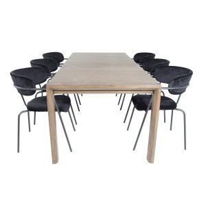 VENTURE DESIGN Slider Matbordsset, med 6 Stolar - Rökt Ekfanér / Ek och Svart Sammet / Svart Metall