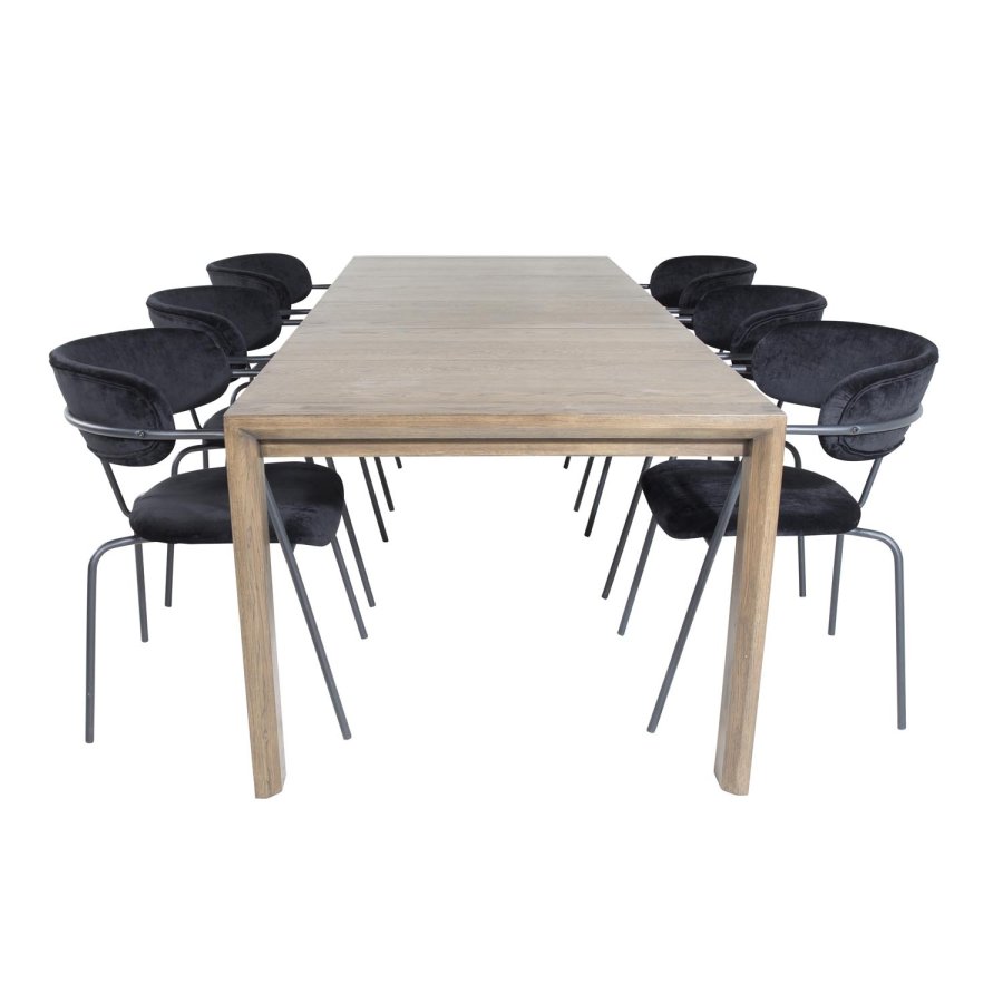 VENTURE DESIGN Slider spisebordsett, m. 6 stoler - rkt eikefiner/eik og sort flyel/svart metall