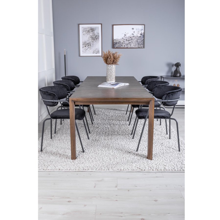 VENTURE DESIGN Slider spisebordsett, m. 6 stoler - rkt eikefiner/eik og sort flyel/svart metall