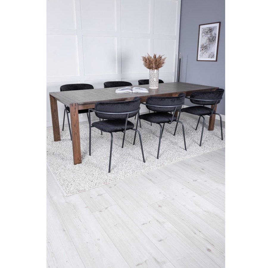 VENTURE DESIGN Slider spisebordsett, m. 6 stoler - rkt eikefiner/eik og sort flyel/svart metall