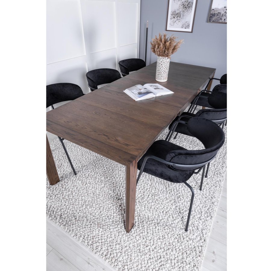 VENTURE DESIGN Slider spisebordsett, m. 6 stoler - rkt eikefiner/eik og sort flyel/svart metall