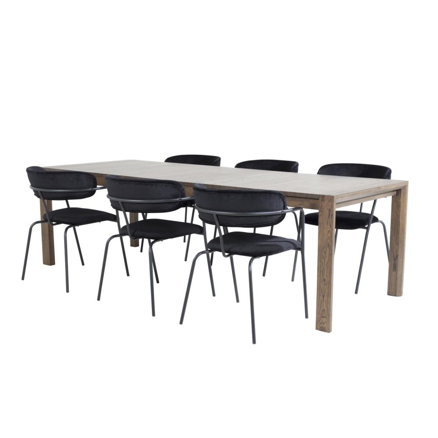 VENTURE DESIGN Slider spisebordsett, m. 6 stoler - rkt eikefiner/eik og sort flyel/svart metall