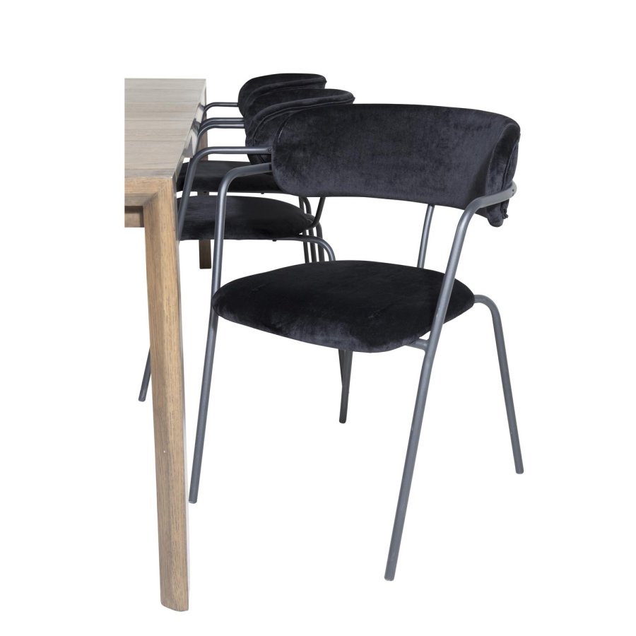 VENTURE DESIGN Slider spisebordsett, m. 6 stoler - rkt eikefiner/eik og sort flyel/svart metall