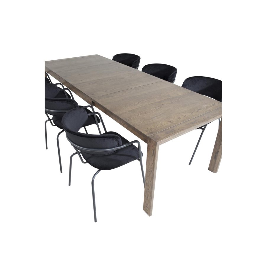 VENTURE DESIGN Slider spisebordsett, m. 6 stoler - rkt eikefiner/eik og sort flyel/svart metall