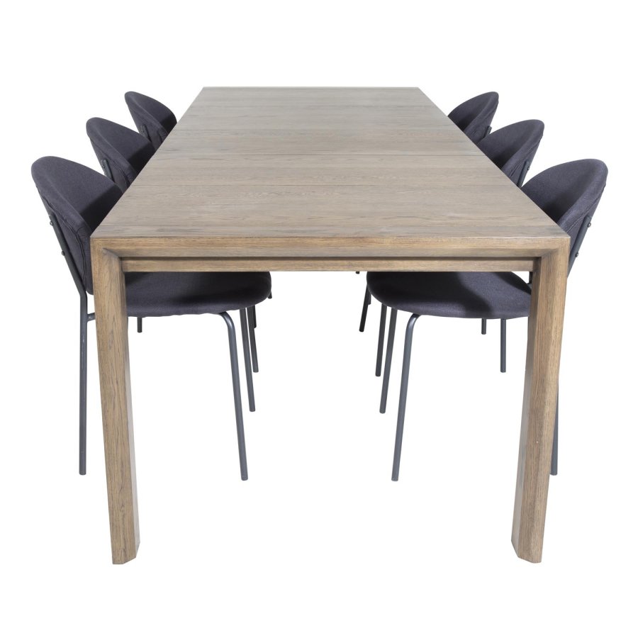 VENTURE DESIGN Slider spisebordsett, m. 6 stoler - rkt eikefiner/eik og sort stoff/svart metall