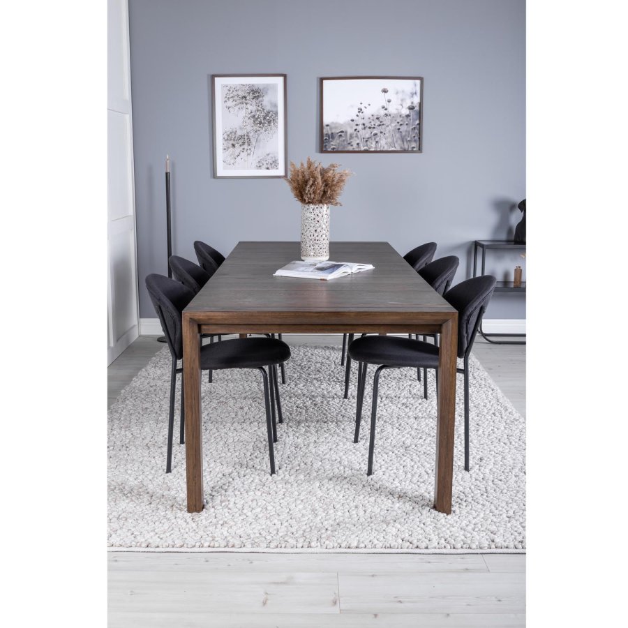 VENTURE DESIGN Slider spisebordsett, m. 6 stoler - rkt eikefiner/eik og sort stoff/svart metall