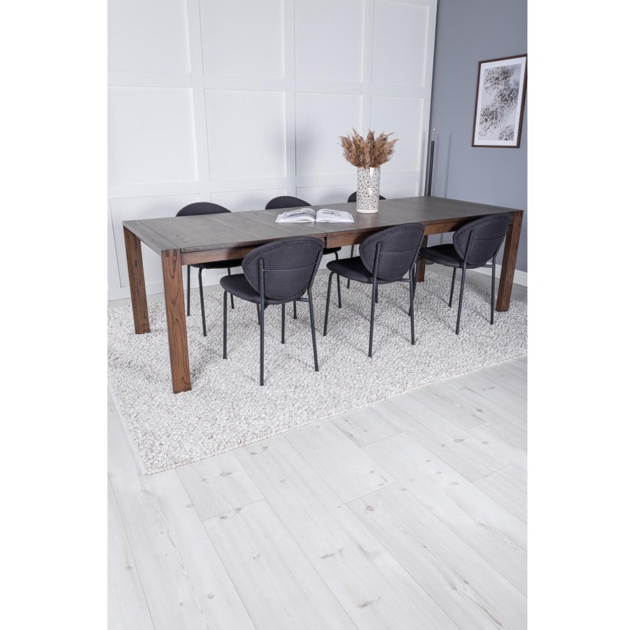 VENTURE DESIGN Slider spisebordsett, m. 6 stoler - rkt eikefiner/eik og sort stoff/svart metall