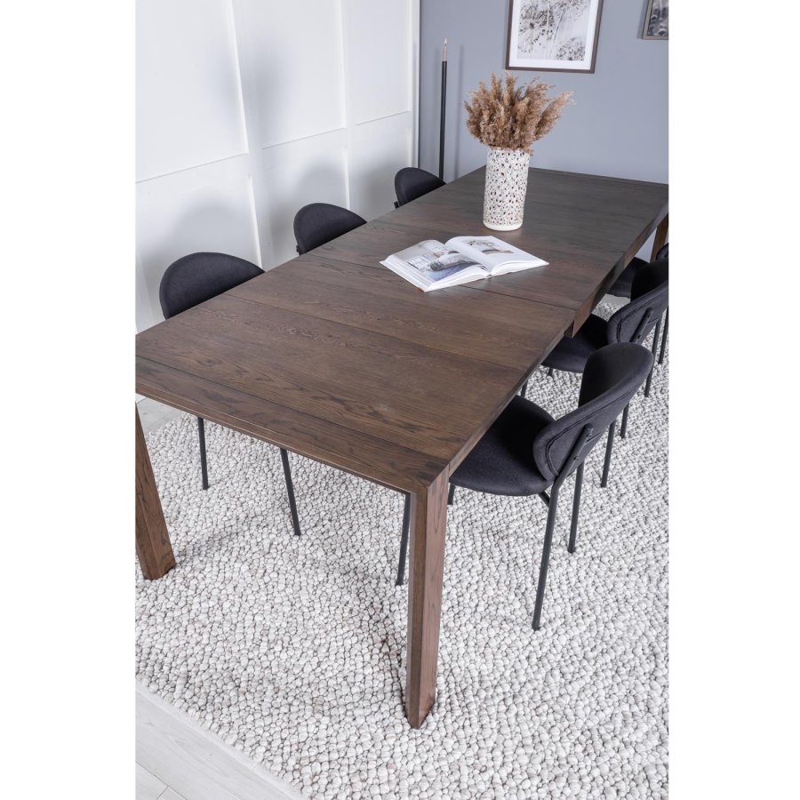 VENTURE DESIGN Slider spisebordsett, m. 6 stoler - rkt eikefiner/eik og sort stoff/svart metall