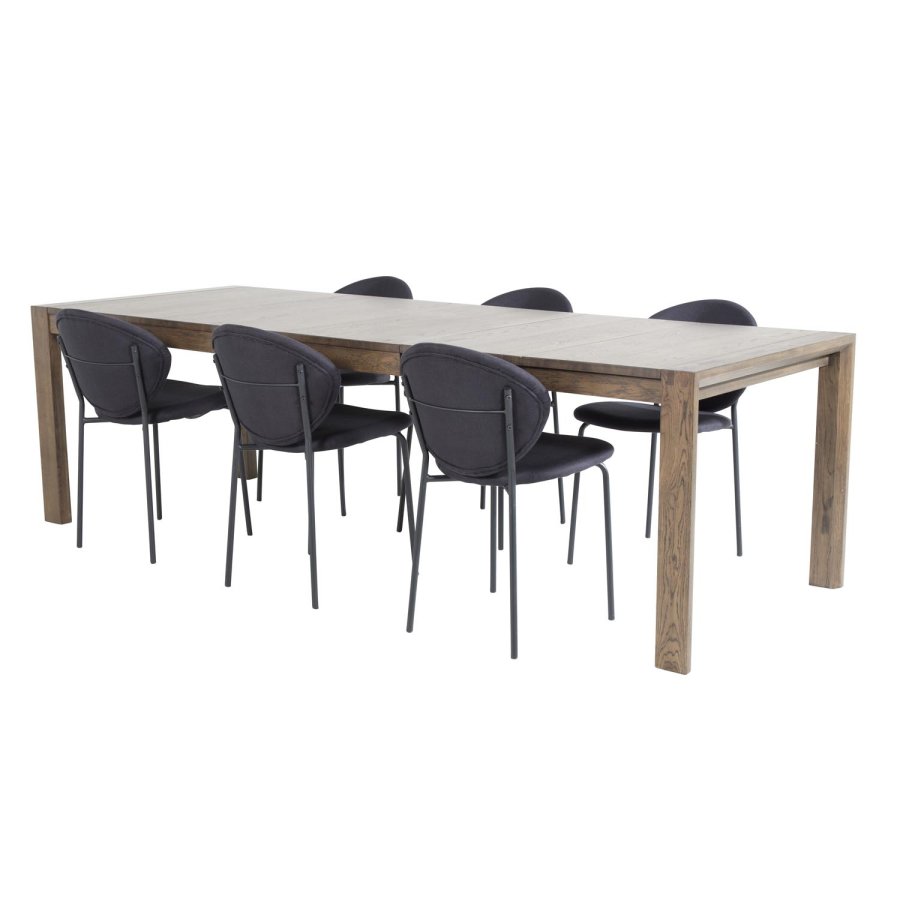 VENTURE DESIGN Slider spisebordsett, m. 6 stoler - rkt eikefiner/eik og sort stoff/svart metall