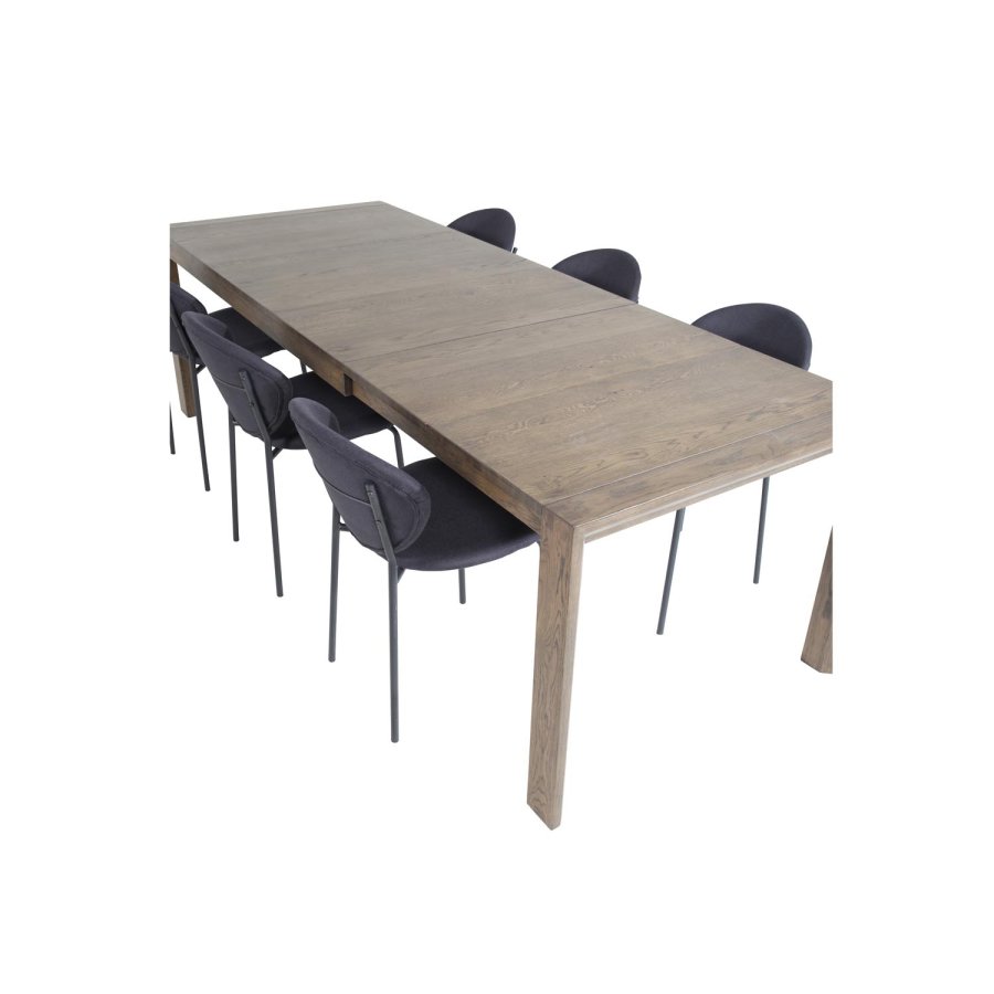 VENTURE DESIGN Slider spisebordsett, m. 6 stoler - rkt eikefiner/eik og sort stoff/svart metall
