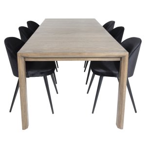 VENTURE DESIGN Slider Matbordsset, med 6 Stolar - Rökt Ekfanér / Ek och Svart Velour / Svart Metall
