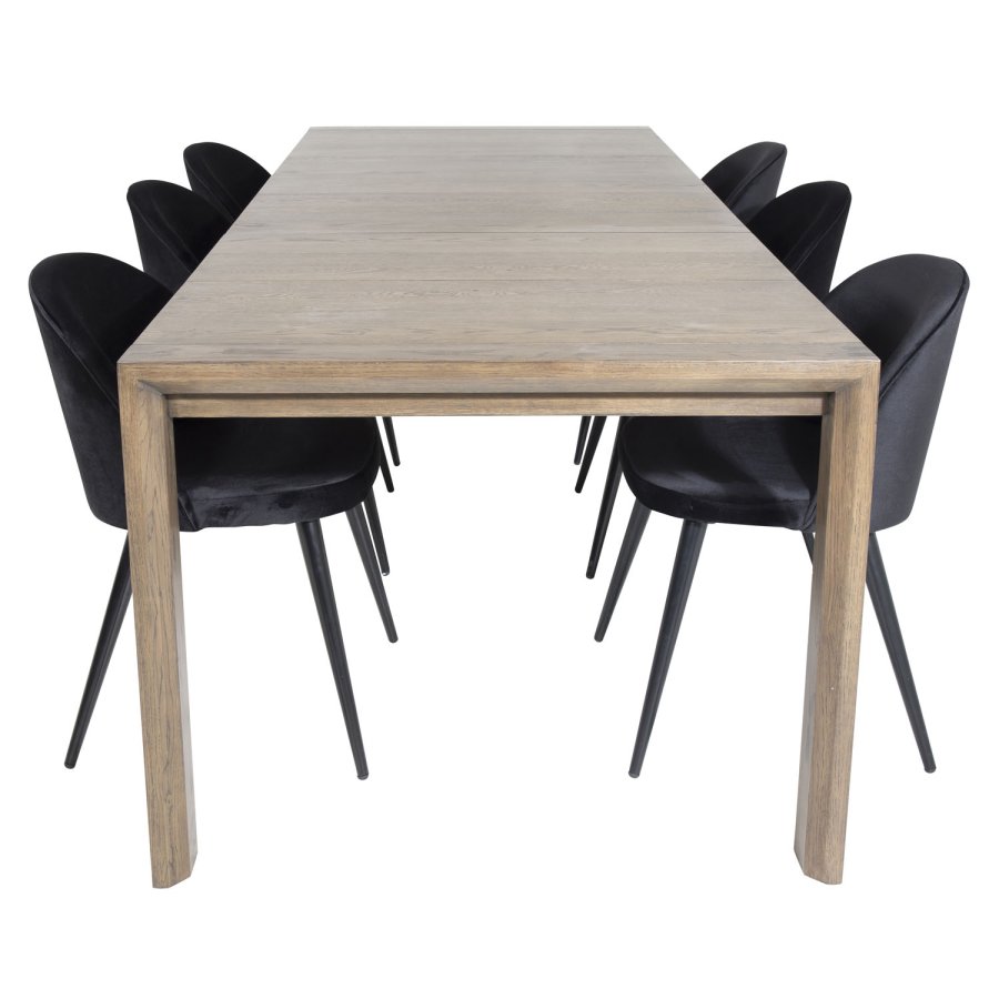 VENTURE DESIGN Slider spisebordsett, m. 6 stoler - rkt eikefiner/eik og sort velour/svart metall