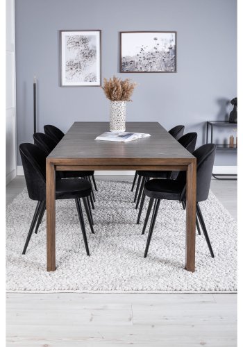 VENTURE DESIGN Slider spisebordsett, m. 6 stoler - rkt eikefiner/eik og sort velour/svart metall