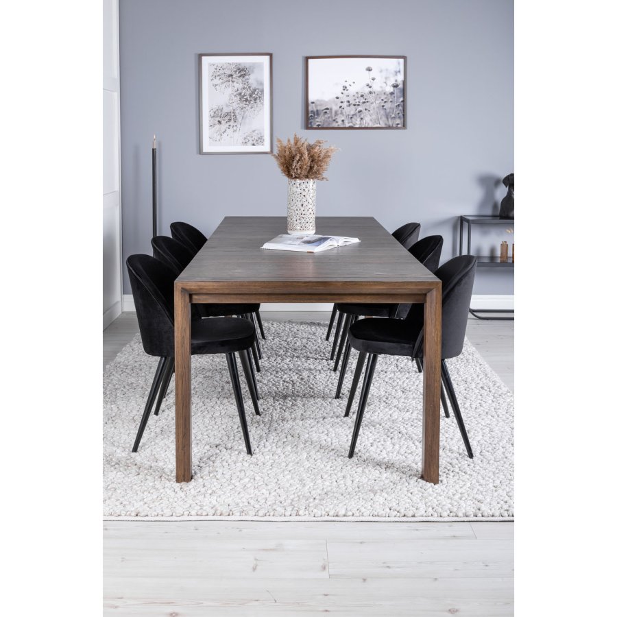 VENTURE DESIGN Slider spisebordsett, m. 6 stoler - rkt eikefiner/eik og sort velour/svart metall