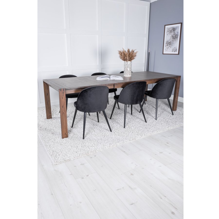 VENTURE DESIGN Slider spisebordsett, m. 6 stoler - rkt eikefiner/eik og sort velour/svart metall