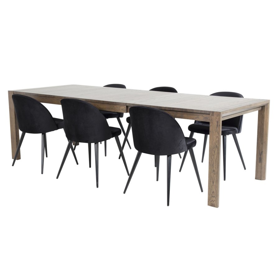 VENTURE DESIGN Slider spisebordsett, m. 6 stoler - rkt eikefiner/eik og sort velour/svart metall