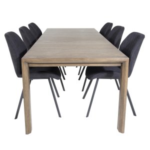 VENTURE DESIGN Slider Matbordsset, med 6 Stolar - Rökt Ekfanér / Ek och Svart Tyg / Svart Metall
