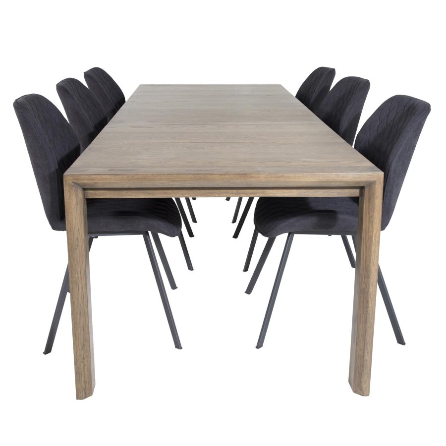 VENTURE DESIGN Slider spisebordsett, m. 6 stoler - rkt eikefiner/eik og sort stoff/svart metall
