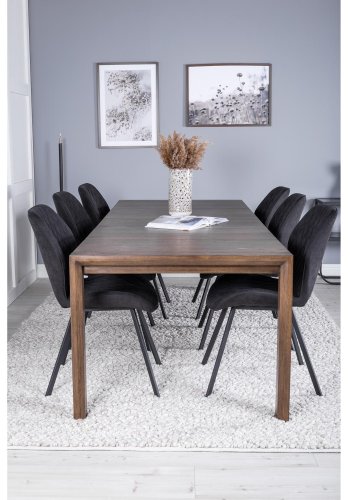 VENTURE DESIGN Slider spisebordsett, m. 6 stoler - rkt eikefiner/eik og sort stoff/svart metall