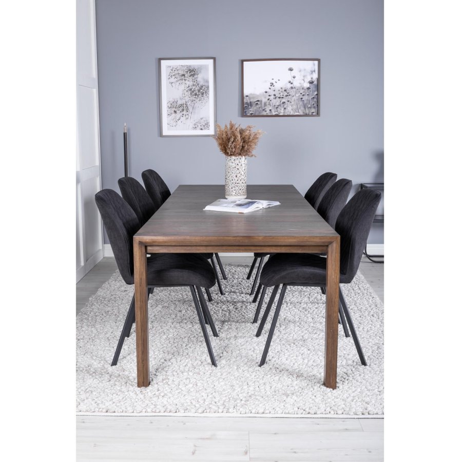 VENTURE DESIGN Slider spisebordsett, m. 6 stoler - rkt eikefiner/eik og sort stoff/svart metall